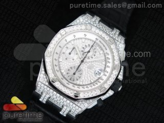 Royal Oak Offshore SS Full Paved Diamonds JF Best Edition on Black Leather Strap A7750