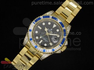 GMT Master II YG Diamond Paved Black Dial White/Blue Diamond Bezel on YG Bracelet