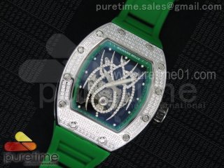 RM 19-01 Tourbillon SS Full Paved Diamonds Case Skeleton Spider Dial on Green Rubber Strap 6T51