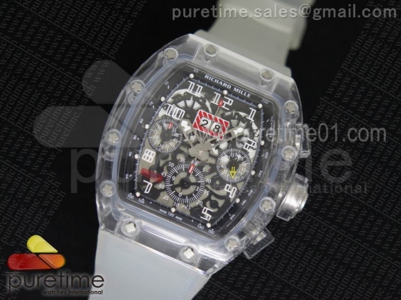 RM011 Transparent Case Black Bezel Skeleton Dial on White Rubber Strap A7750