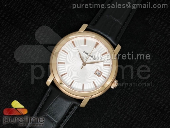 Jules Audemars Automatic RG White Dial Style 3 on Black Leather Strap MIYOTA9015