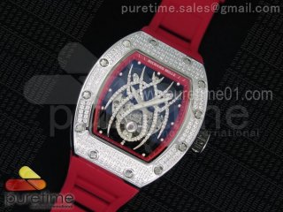 RM 19-01 Tourbillon SS Full Paved Diamonds Case Skeleton Spider Dial on Red Rubber Strap 6T51