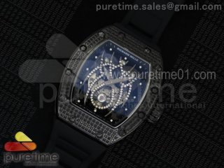 RM 19-01 Tourbillon PVD Full Paved Diamonds Case Skeleton Spider Dial on Black Rubber Strap 6T51