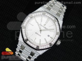 Royal Oak 41mm 15400 SS Full Paved Diamonds White Dial on Diamonds Bracelet A23J