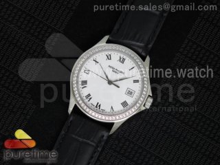 Calatrava Automatic SS Diamonds Bezel White Dial on Black Leather Strap A324SC