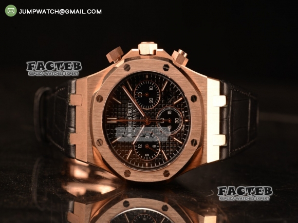 Royal Oak Chrono Rose Gold Case With Black Dial Clone AP3126 Automatic Black Leather