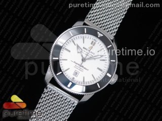 SuperOcean Heritage ii 46mm SS White Dial Black Ceramic Bezel on SS Mesh Bracelet A2824