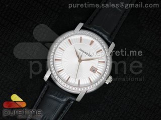 Jules Audemars SS White Dial Style 3 Diamonds Bezel on Black Leather Strap MIYOTA9015