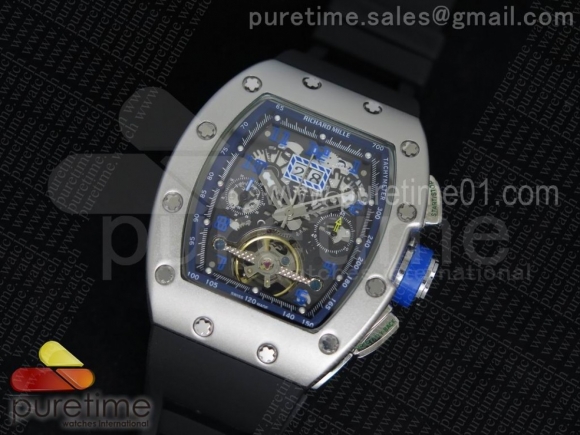 RM011 SS Fake Chronos Fake Tourbillon Black Inner Bezel Skeleton Dial on Black Rubber Strap A23J