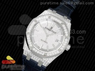 Royal Oak 41mm 15402 SS Full Paved Diamonds JF 1:1 Best Edition Diamonds Dial on Blue Leather Strap A3120