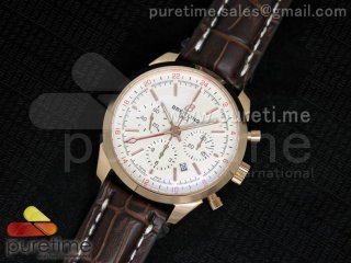 Transocean Chrono GMT 44mm RG White Textured Dial on Brown Leather Strap A7750