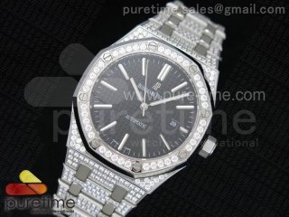 Royal Oak 41mm 15400 SS Full Paved Diamonds Black Dial on Diamonds Bracelet A23J