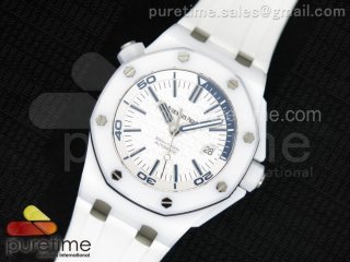 Royal Oak Offshore Diver White Ceramic Noob Best Edition on White Rubber Strap A3120