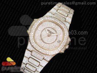 Nautilus Jumbo Ladies 7021 RG Full Paved Diamonds on Diamonds Plated RG Bracelet MIYOTA 9015