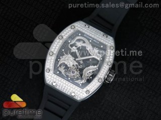 RM057 Dragon-Jackie Chan SS Silver Dragon Dial Diamonds Bezel on Black Rubber Strap A2824