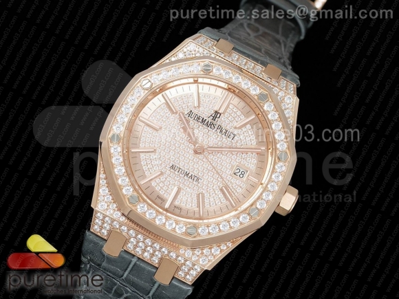 Royal Oak 41mm 15402 RG Full Paved Diamonds JF 1:1 Best Edition Diamonds Dial on Gray Leather Strap A3120