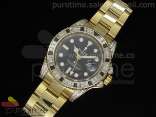 GMT Master II YG Diamond Paved Black Dial White/Black Diamond Bezel on YG Bracelet