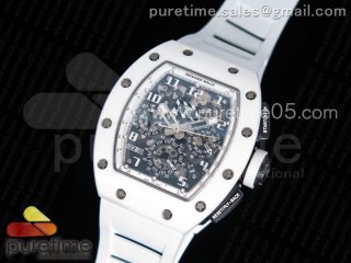 RM011 Real White Ceramic Case Chronograph KVF 1:1 Best Edition Crystal Skeleton Dial on White Rubber Strap A7750
