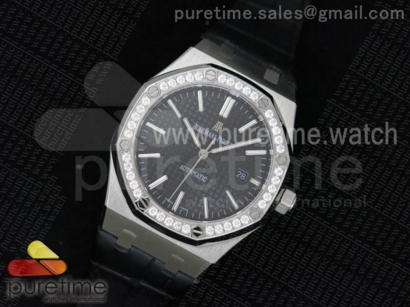 Royal Oak 41mm 15400 Lite Diamonds Bezel Black Dial on Black Leather Strap A3120