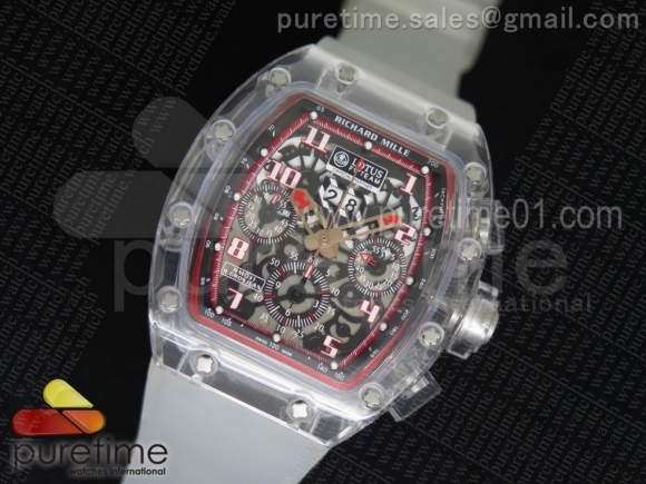 RM011 Transparent Case Black/Red Bezel Skeleton Dial on White Rubber Strap A7750