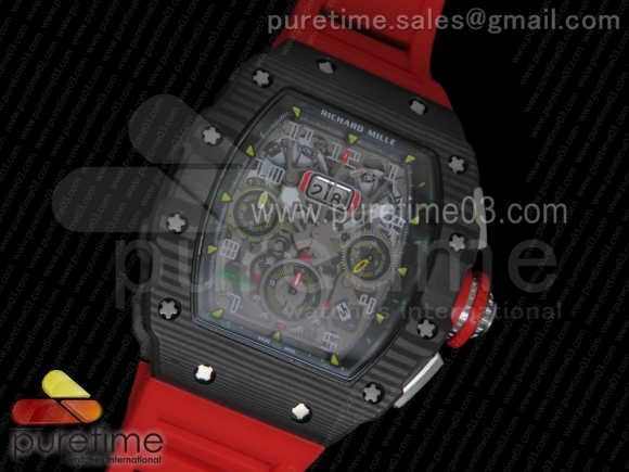 RM11-03 Chrono PVD Forged Carbon Bezel and Caseback Skeleton Dial on Red Rubber Strap A7750