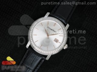 Jules Audemars SS White Dial Style 1 Diamonds Bezel on Black Leather Strap MIYOTA9015