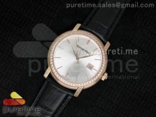 Jules Audemars RG White Dial Style 1 Diamonds Bezel on Black Leather Strap MIYOTA9015