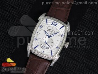 Kalpa Grande SS White Dial Blue Markers Diamonds Bezel on Brown Leather Strap A23J