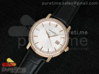 Jules Audemars RG White Dial Style 3 Diamonds Bezel on Black Leather Strap MIYOTA9015