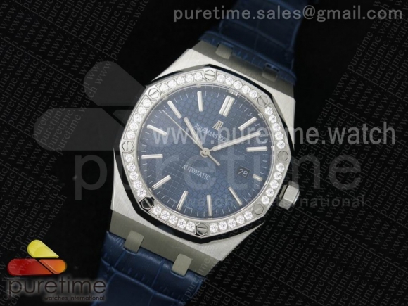 Royal Oak 41mm 15400 Lite Diamonds Bezel Blue Dial on Blue Leather Strap A3120