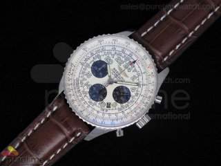 Navitimer Cosmonaute Statinless Steel White Dial Brownl Leather Strap A7750