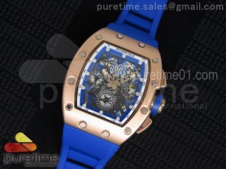 RM011 PVD Case RG Bezel Fake Chronos Blue Inner Bezel Skeleton Dial on Blue Rubber Strap A23J