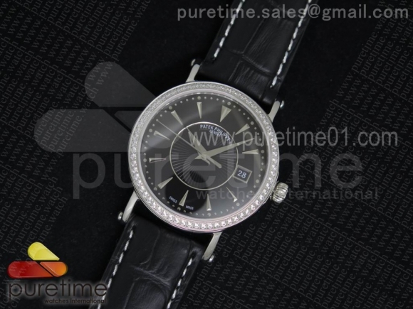 Calatrava 5153 SS Diamonds Bezel Black Dial on Black Leather Strap A324SC