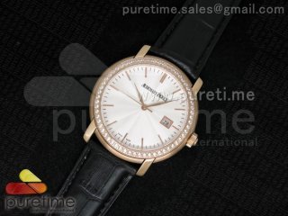 Jules Audemars RG White Dial Style 2 Diamonds Bezel on Black Leather Strap MIYOTA9015