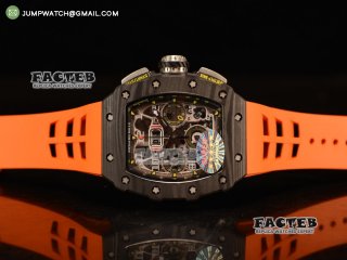 RM 011-03 PVD Forge Carbon Black Bezel Black Markers Skeleton Dial on Orange Rubber Strap A7750