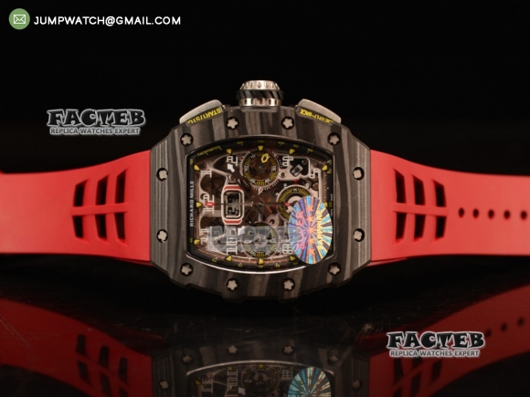 RM 011-03 PVD Forge Carbon Black Bezel Black Markers Skeleton Dial on Red Rubber Strap A7750