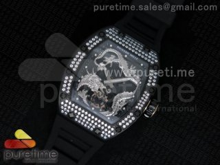 RM057 Dragon-Jackie Chan PVD Silver Dragon Dial Diamonds Bezel on Black Rubber Strap A2824