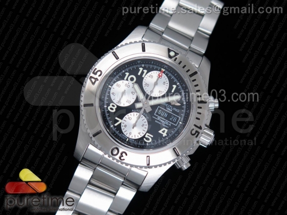 SuperOcean SteelFish Chronograph SS Black/White Dial on SS Bracelet A7750