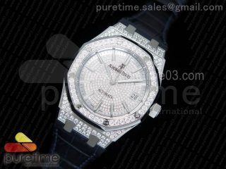 Royal Oak 37mm 15452 SS Full Paved Diamonds JF 1:1 Best Edition Diamonds Dial on Blue Leather Strap A3120