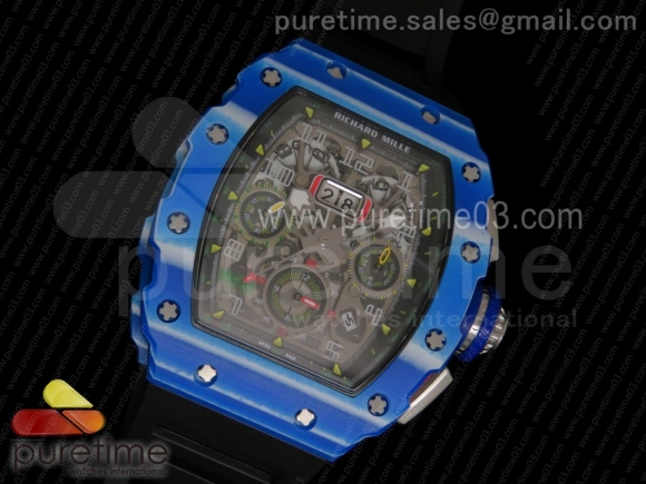 RM11-03 Chrono PVD Blue Plastic Bezel and Caseback Skeleton Dial on Black Rubber Strap A7750