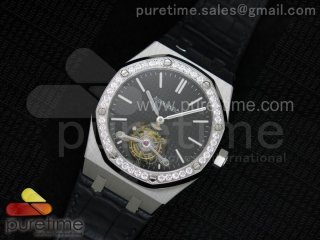 Royal Oak 41mm Tourbillon SS Black Dial Diamonds Bezel on Black Leather Strap