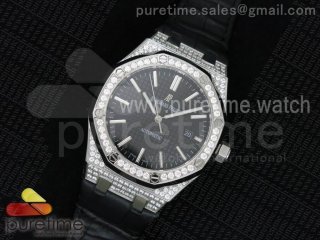 Royal Oak 41mm 15400 Lite Full Paved Diamonds Black Dial on Black Leather Strap A3120