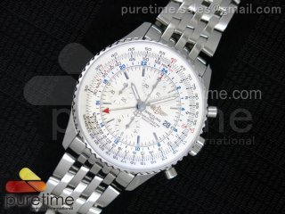 Navitimer World SS GMT White Dial on SS Bracelet A7750