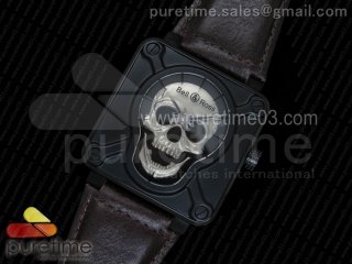 BR 01 PVD Silver Skull Dial on Brown Leather Strap A23J