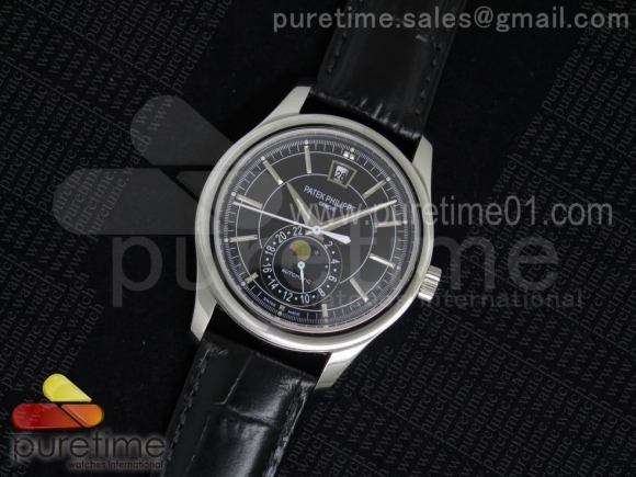 Classic 5205 Moonphase SS Black Dial on Black Leather Strap Miyota 9015